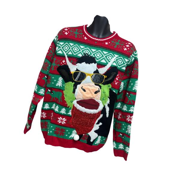 Celebrate Together Ugly Sweater Mens Size Large Cow Party Xmas Pullover - Picture 4 of 11